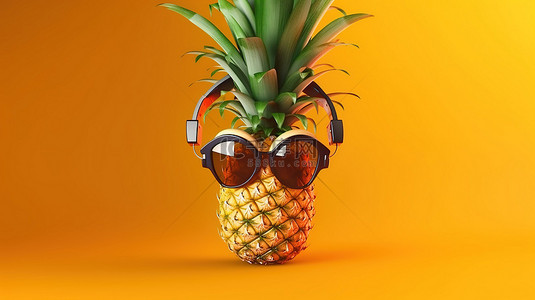 夏日菠萝背景图片_酷菠萝 3D 插图，带有太阳镜和耳机，在复制空间背景下