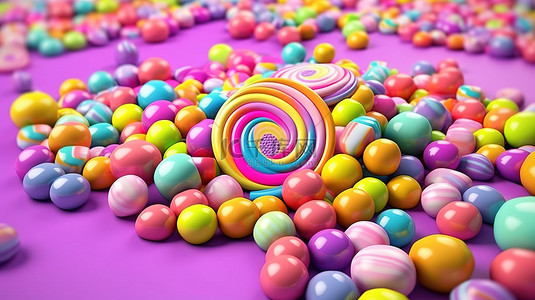 充满活力的糖果彩虹，紫色背景上粉色蓝色和黄色糖果的俏皮展示