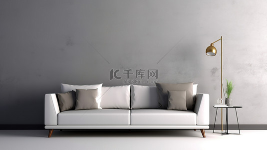 现代生活空间，配有白色沙发和简约的灰色墙壁，我为书籍封面创建了 3D 渲染