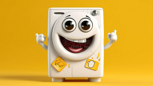 充值中背景图片_黄色背景现代设计中带有抽象充电电池的白色洗衣机吉祥物的 3D 渲染