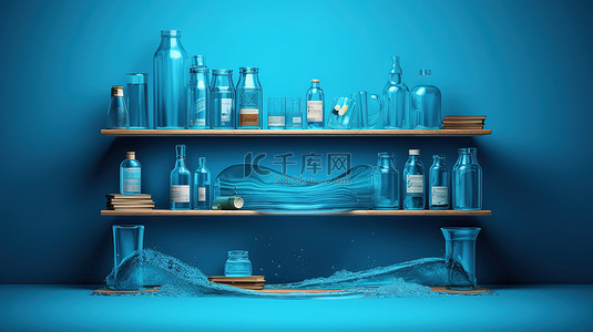 蓝色背景上的产品架，3D 场景中水滴分散