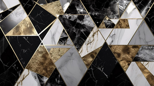 现代 3D 抽象壁画，具有几何三角形金色线条和黑色和灰色大理石