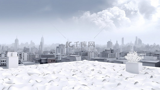 以 3D 渲染的城市景观中的城市建筑全景，包括高层建筑和白皮书摩天大楼