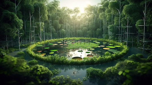 绿色排放背景图片_生态友好型制造概念工厂形状的池塘位于 3D 生成的茂密森林中