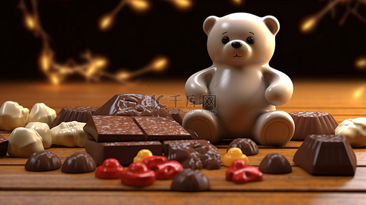 3D 渲染快乐的巧克力熊与甜品