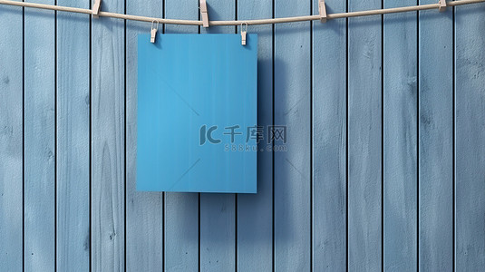公告板蓝色背景图片_空蓝色画布悬挂在木栅栏上，背景是用 3D 技术创建的白色背景