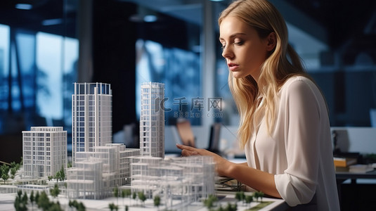 白人女性背景图片_建筑规划的实际运用 白人女性在 3D 建筑模型中查看蓝图