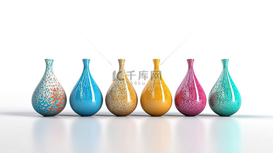 白色背景展示 3D 渲染的多彩抽象陶瓷花瓶