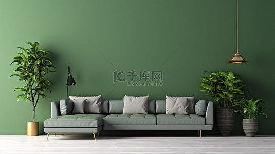 简约风格沙发背景图片_时尚的客厅配有现代沙发和绿色墙壁背景，采用简约风格 3D 渲染