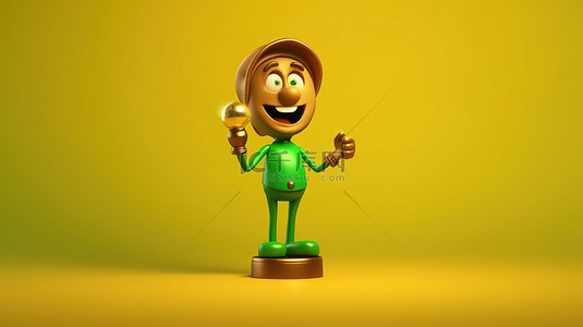 3d 金色奖杯吉祥物人，黄色背景上有交通灯，是获胜的象征
