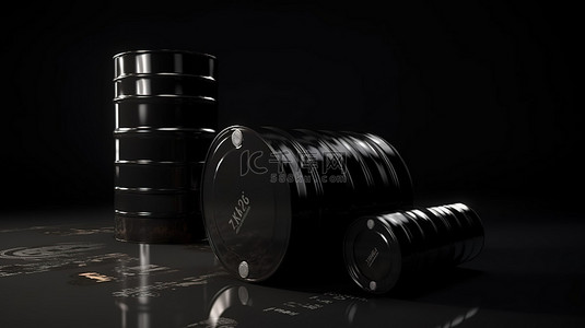 石油化工背景图片_货币符号装饰黑油桶和汽油罐的 3D 渲染