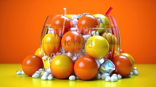 椰子汁背景图片_辉煌的 3D 渲染充满活力的橙色与彩色椰子球和椰子水