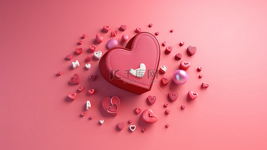 在线社交沟通概念粉红针上的红心图标，带有 3D 渲染和插图