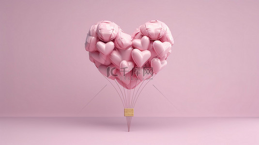 爱心红玫瑰背景图片_3d 渲染中的心形气球和粉红玫瑰