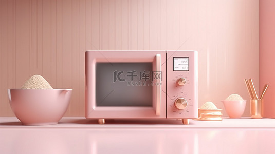 软粉色奶油微波炉 3D 渲染中的厨房概念
