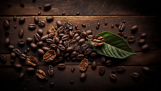 背景咖啡豆背景图片_咖啡豆叶子木板背景
