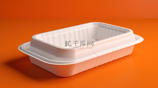 空塑料食品容器托盘包装上带有空白标签的橙色背景的 3D 渲染
