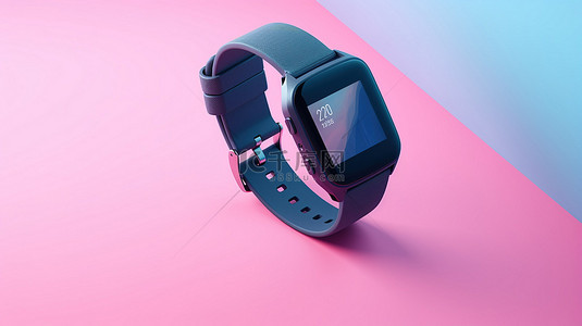蓝色现代智能手表的双色调风格模型，带粉红色背景的表带，以 3D 渲染