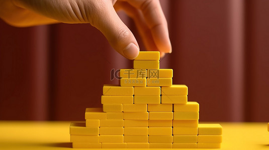 黄色块堆叠为商业成功的阶梯，手在 3D 渲染中排列