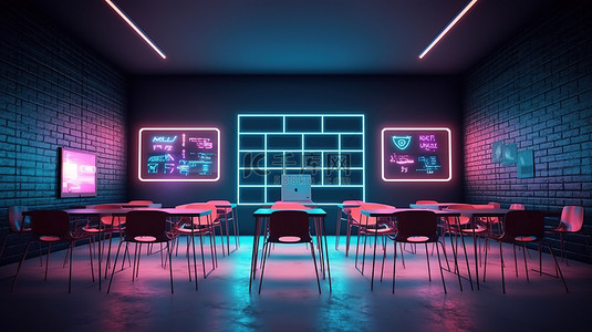 游戏世界背景图片_教室的 3D 插图，配有白板书桌椅子和霓虹灯空荡荡的内饰