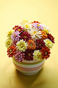白色碗上放着一束色彩鲜艳的鲜花