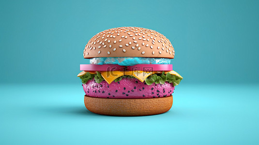 蓝色背景上的简约 3D 渲染粉色芝士汉堡