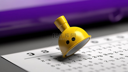 日历 3D 渲染中带有刻度线和黄色铃铛的可爱紫色规划师的清单
