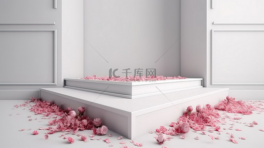 地板自然背景图片_趋势地板粉红色花卉 3D 渲染白色平台上的空领奖台