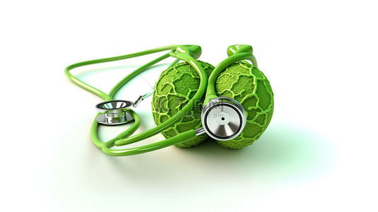 白色背景上绿色隔离的肺形听诊器的 3D 渲染