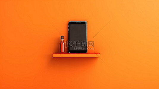 科技办公室背景图片_上面有手机的垂直橙色墙架的 3D 插图