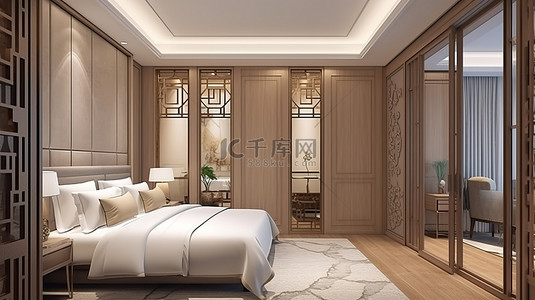 现代酒店卧室采用中国风格的装饰，宽敞的步入式衣柜和优雅的衣柜，3D 渲染图像
