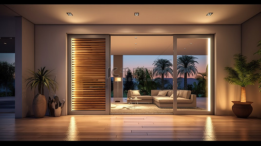 地面灯带背景图片_夜间 3D 渲染的带照明门口的当代房屋的内部视图