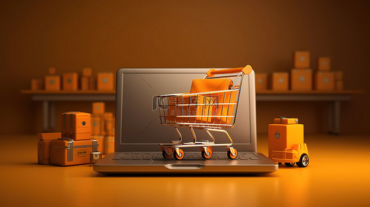 带有超市购物车和包裹盒的笔记本电脑的 3D 渲染，代表电子商务行业的在线购物