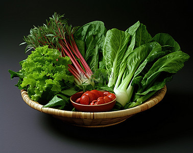 新鲜的绿色蔬菜背景图片_一个装满绿色蔬菜酱和香草的藤碗