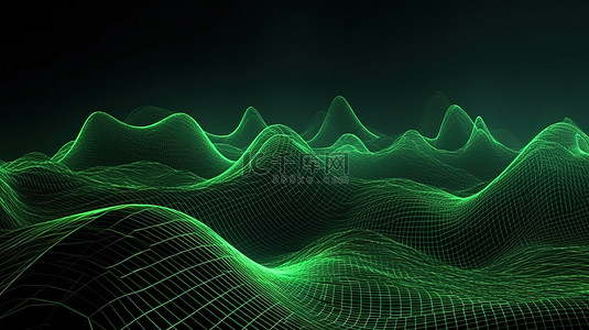具有流动绿线和点的未来派网络网格抽象 3d 景观