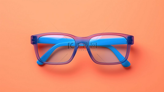 带有蓝色和橙色 3D 眼镜的粉红色背景的顶视图