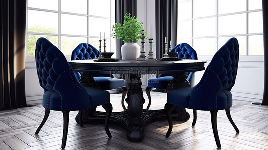 优雅的哥特式餐桌，明亮的休息室白色墙壁和光滑的强化木地板 3D 概念中配有海军蓝色椅子