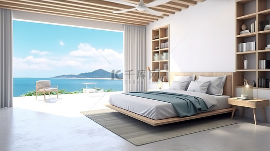现代海景卧室，3D 渲染，配有时尚的白色瓷砖和木架子