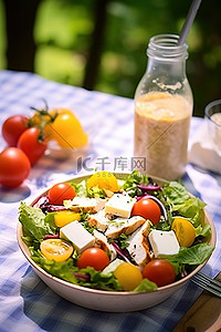 沙拉汁背景图片_野餐桌上的鸡肉沙拉