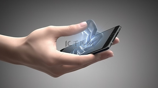 药片卡通背景背景图片_3D 可视化中的手和智能手机