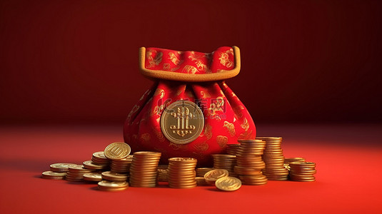 中国节日宝袋 3D 渲染一个装满金币的红色袋子