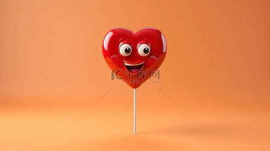 异想天开的情人节广告 3D 渲染心形棒棒糖，带有俏皮的表情