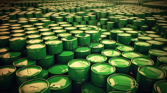 堆叠气体燃料桶绿色阵列的 3D 渲染插图