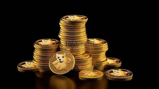堆叠的狗狗币doge硬币在黑暗中闪闪发光加密货币用于金融代币交易促销数字艺术品