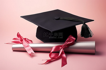 粉红色背景中的毕业帽文凭流苏和丝带