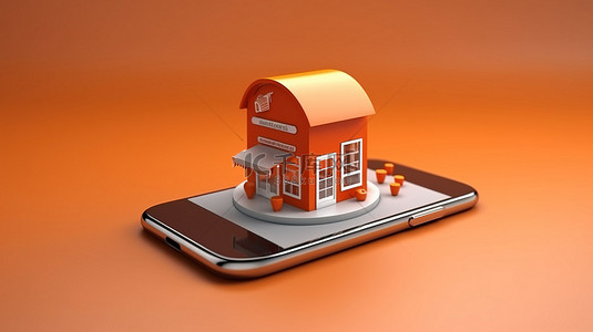 贷款平台背景图片_智能手机的 3D 渲染展示了独立的商业商店和数字平台应用程序，以提供无忧的银行服务