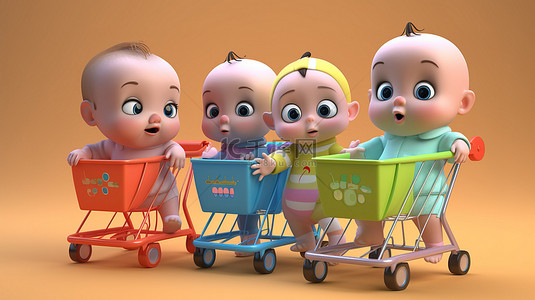 走秀卡通背景图片_快乐的 3D 卡通婴儿疯狂购物