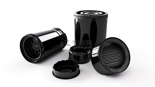 新型工业背景图片_带有塑料罐滤芯和白色背景汽车机油新型滤油器的黑色外壳的 3D 渲染