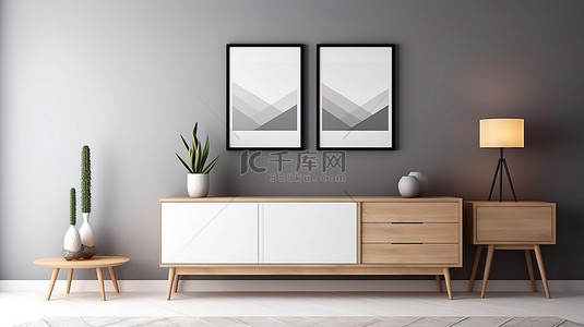 时尚简约的木质电视柜和相框装饰时尚的灰色简约房间 3D 渲染