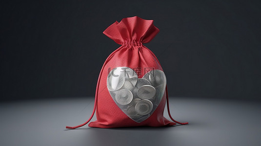 3D 渲染图标描绘慈善机构为爱捐出一袋钱和心